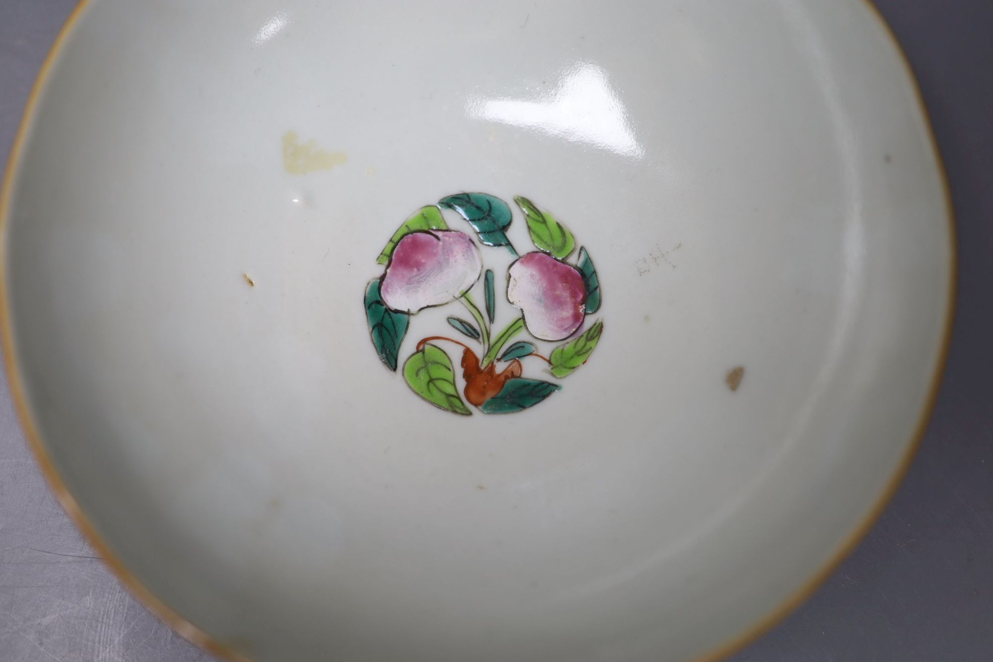 A Chinese famille rose teapot and sucrier, a 19th century Chinese bowl and a pair of blue and white bowls